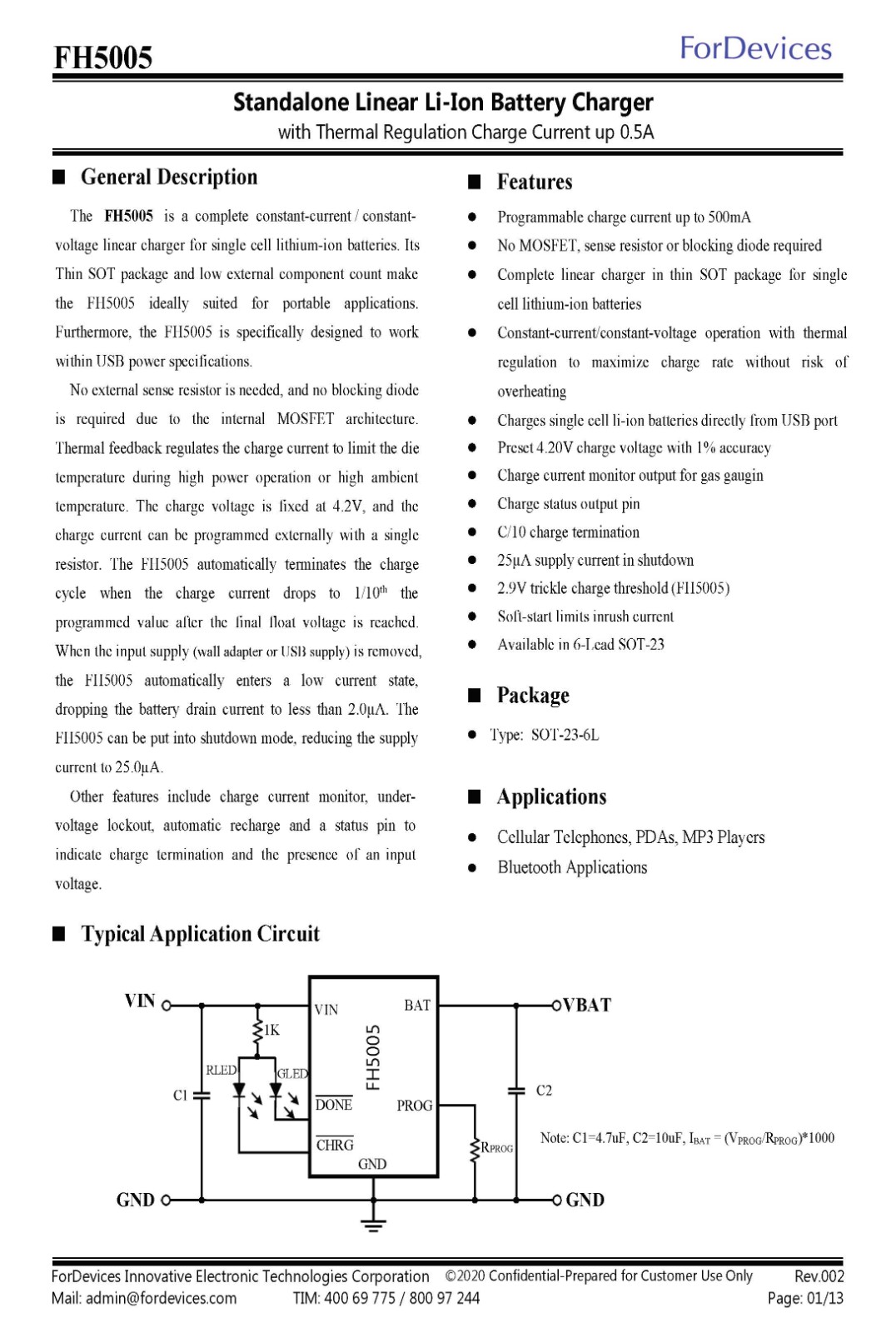 FH5005｜线性充电IC，ICC:0.5A，Vin:~10.0V, #2LED